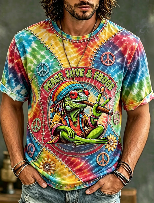 Cardydony Men's Vintage Hippie Floral And Frog In Patchwork Pattern Art Embroidered T-shirt