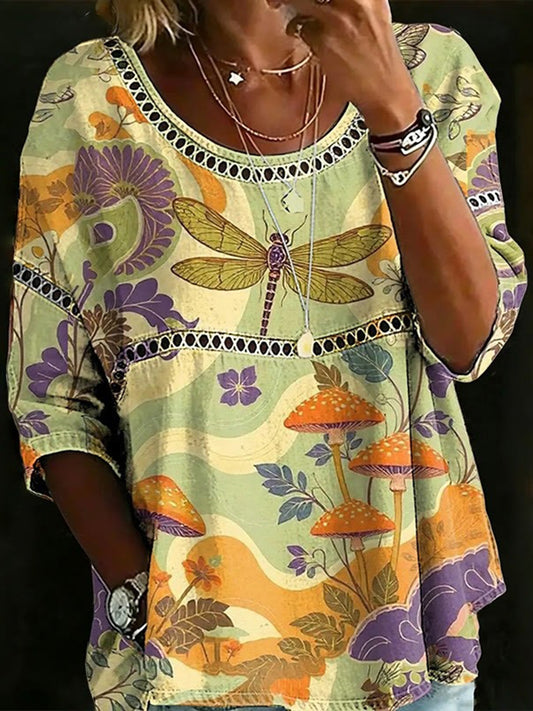 Cardydony Women's Retro Floral Dragonfly Pattern Cotton Linen Casual T-shirt