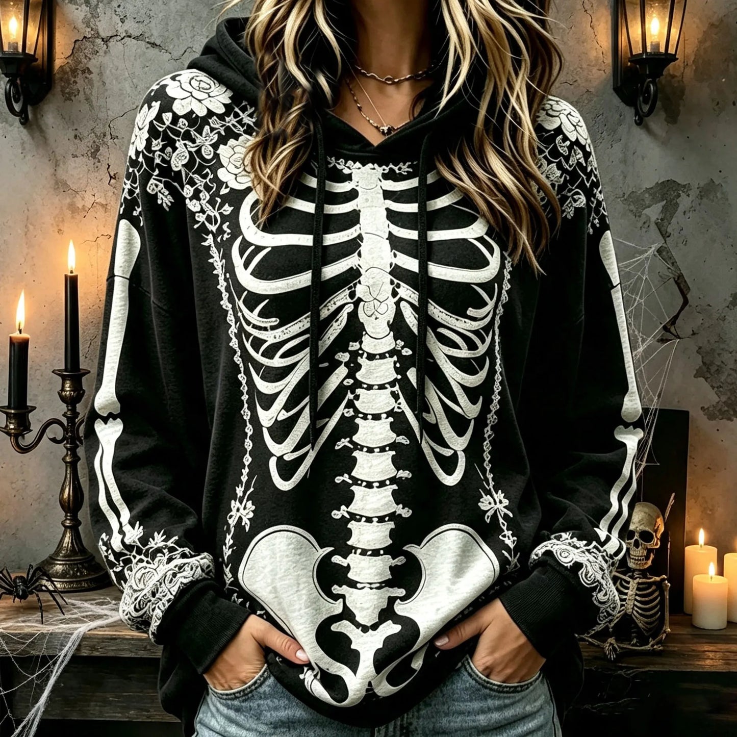 Cardydony Women's Vintage Halloween White Rose And Human Skeleton Art Print Hoodie