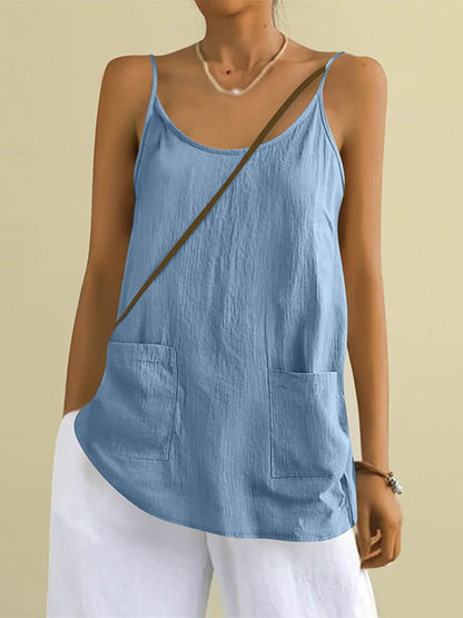 Cardydony Women's Solid Color Sleeveless Linen Blend Pocket Camisole