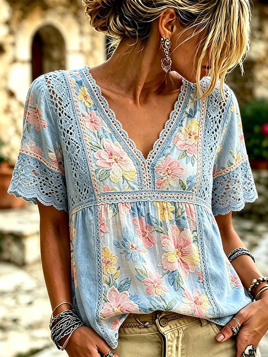Cardydony Women's Retro Floral Embroidery V-neck Short-sleeve T-shirt