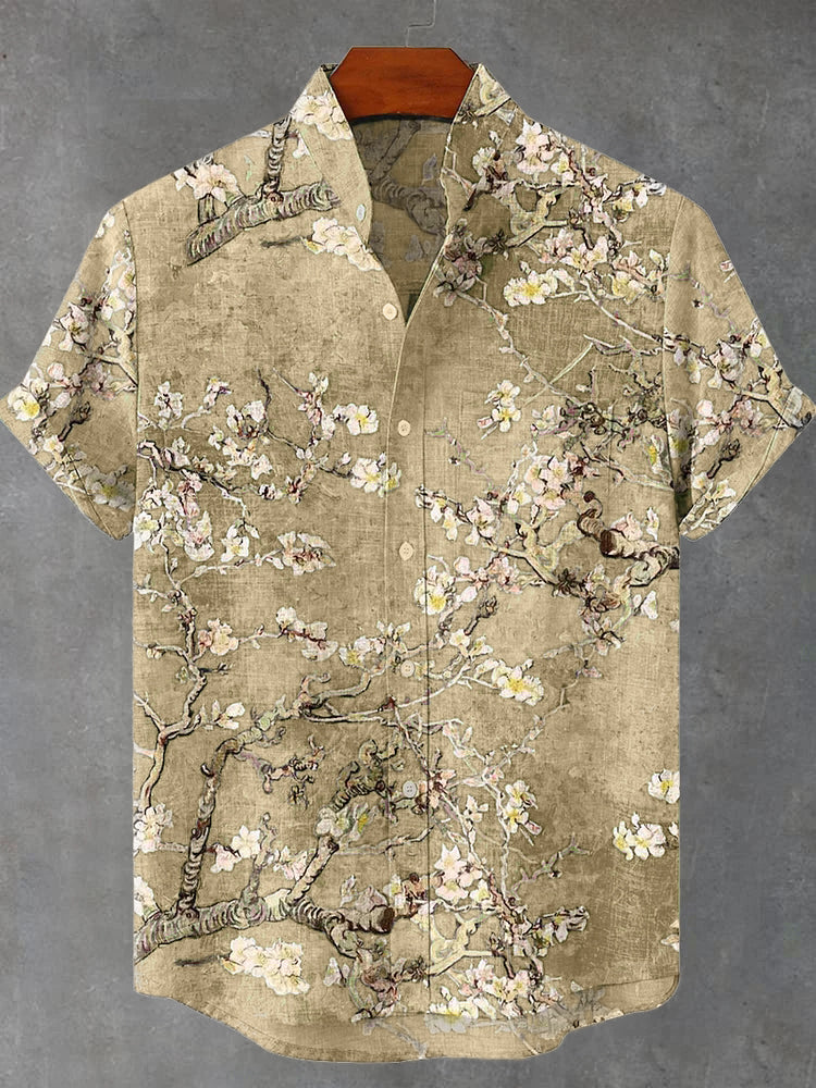 Cardydony Vintage White Art Florets Print Casual Cotton Shirt