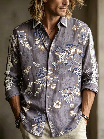 Cardydony Men's Retro Plant Flower Embroidery Pattern Design Casual Linen Shirt