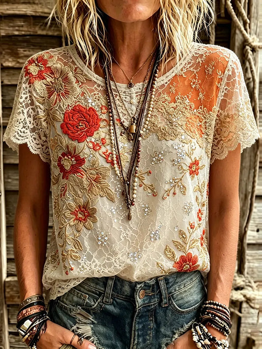 Cardydony Women's Retro Floral Lace Design Round Neck Cotton Linen T-shirt