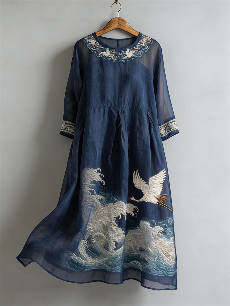 Cardydony Cranes Sea Waves Japanese Art Flowy Linen Maxi Dress
