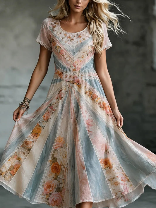 Cardydony Women's Retro Bohemian Rose Patchwork Chiffon Round Neck Dress