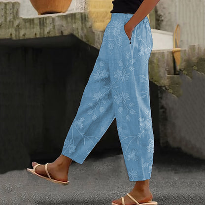 Cardydony Women's Vintage Floral Art Linen Casual Pants