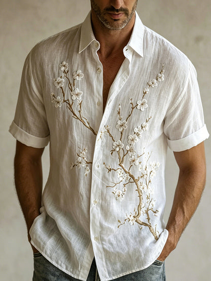 Cardydony Men's Retro Japanese Cherry Blossom Patchwork Pattern Casual Shirt
