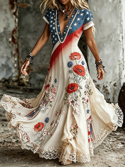 Cardydony Boho Patriotic Floral Embroidered Maxi Dress - Vintage American Flag Star & Poppy Lace Hem Dress