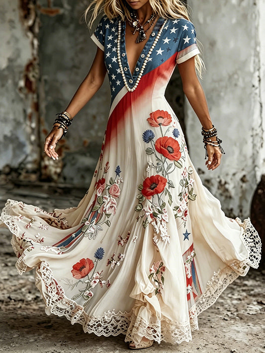 Cardydony Boho Patriotic Floral Embroidered Maxi Dress - Vintage American Flag Star & Poppy Lace Hem Dress