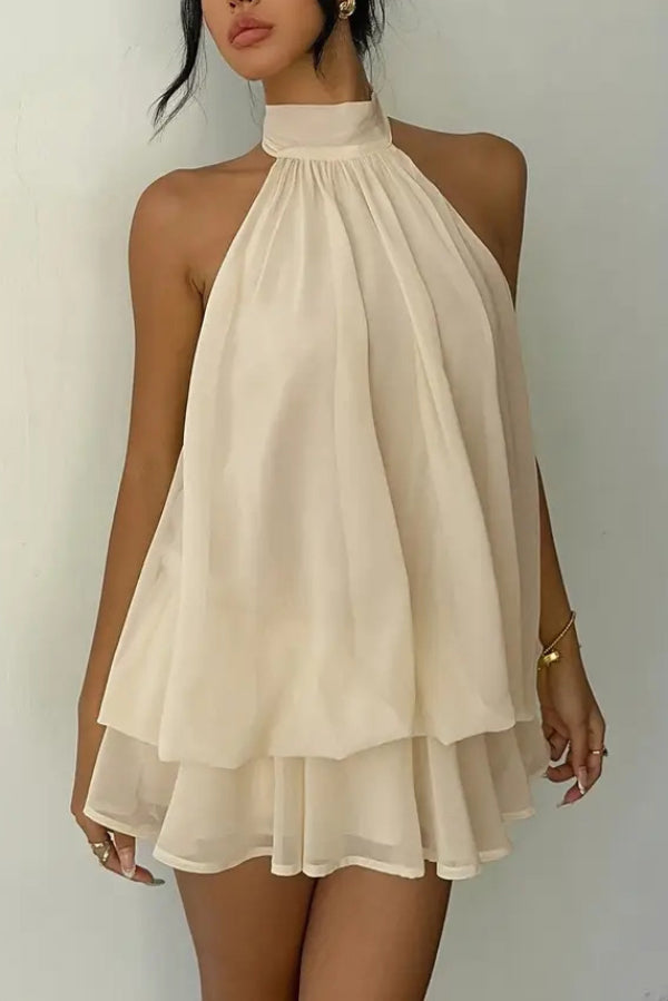 Cardydony Women's  Fashionable Chiffon Halter Neck Backless Lace-up Casual Vacation Mini Dress