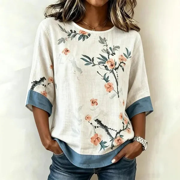 Cardydony Women's Bohemian Floral Pattern Color Block Linen Top