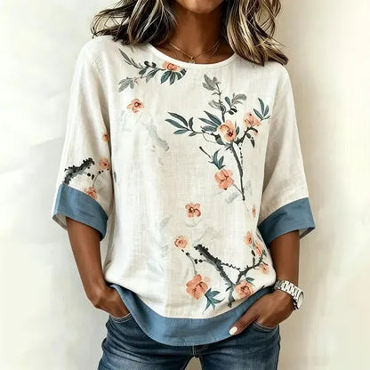 Cardydony Women's Bohemian Floral Pattern Color Block Linen Top