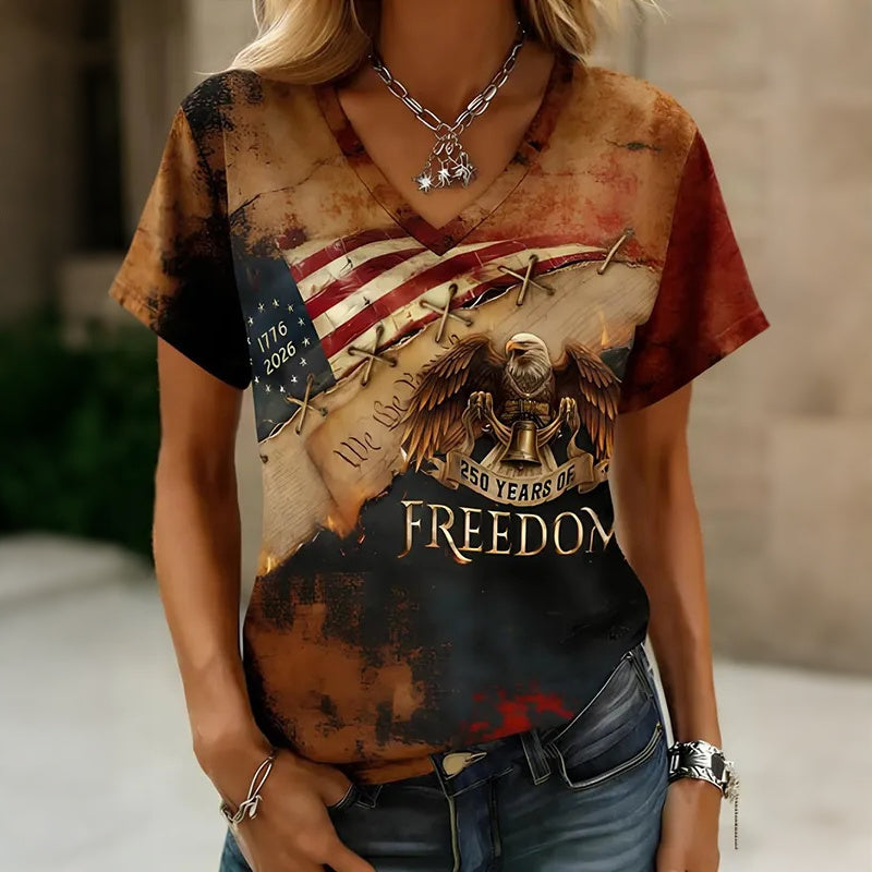 Cardydony Women's Retro Independence Day Flag Eagle Art Print V Neck Short Sleeve T-shirt