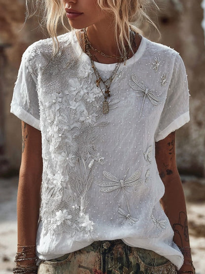 Cardydony Women's Retro Bohemian Style Floral And Dragonfly Sequin T-shirt