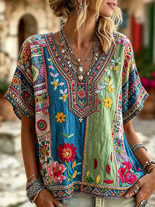 Cardydony Women's Retro Floral Patchwork Art Ethnic Pattern Embroidered Cotton Linen V-neck T-shirt