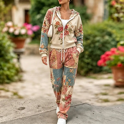 Cardydony Women's Retro Bohemian Floral Art Casual Sports Suit Two-piece Set