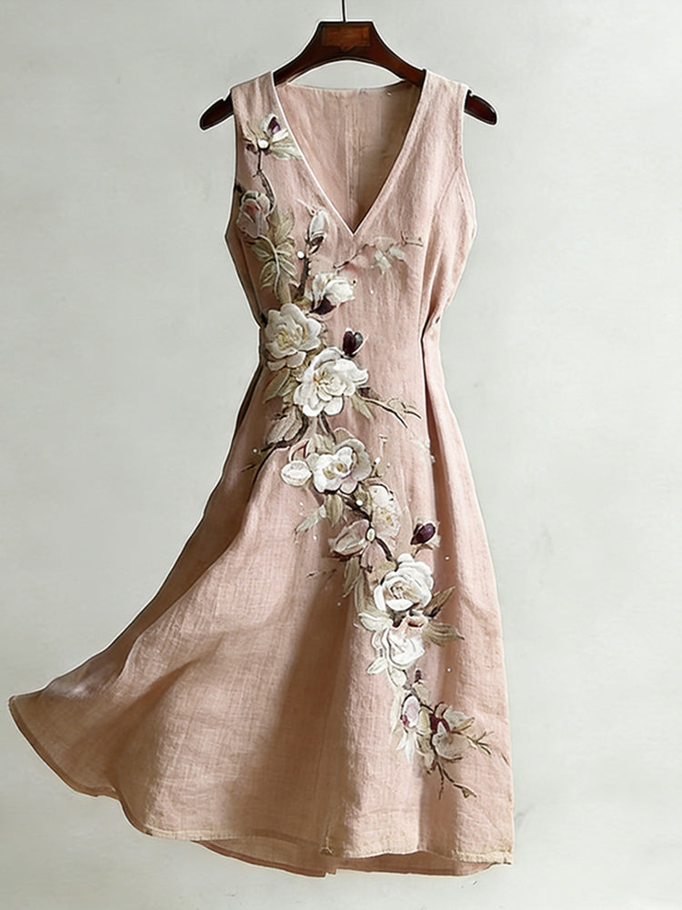 Cardydony Women's Vintage Rose And Plum Blossom Pattern Casual Linen Blend Dress