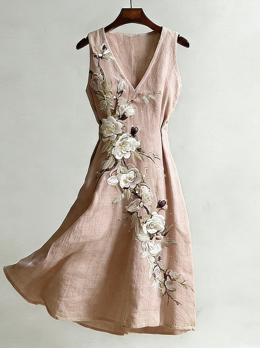Cardydony Women's Vintage Rose And Plum Blossom Pattern Casual Linen Blend Dress