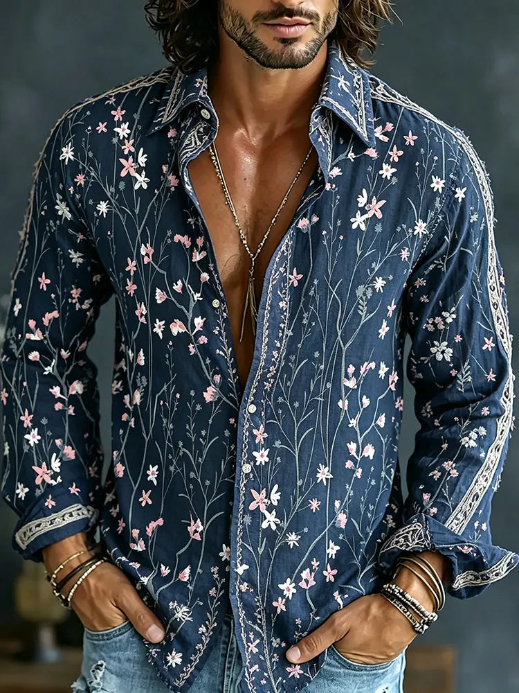 Cardydony Men's Retro Floral Embroidered Art Print Flowy Linen Blend Shirt