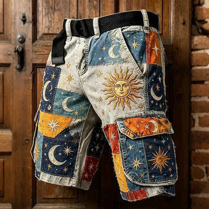 Cardydony Men's Hippie Art Sun Moon Patchwork Print Cargo Shorts