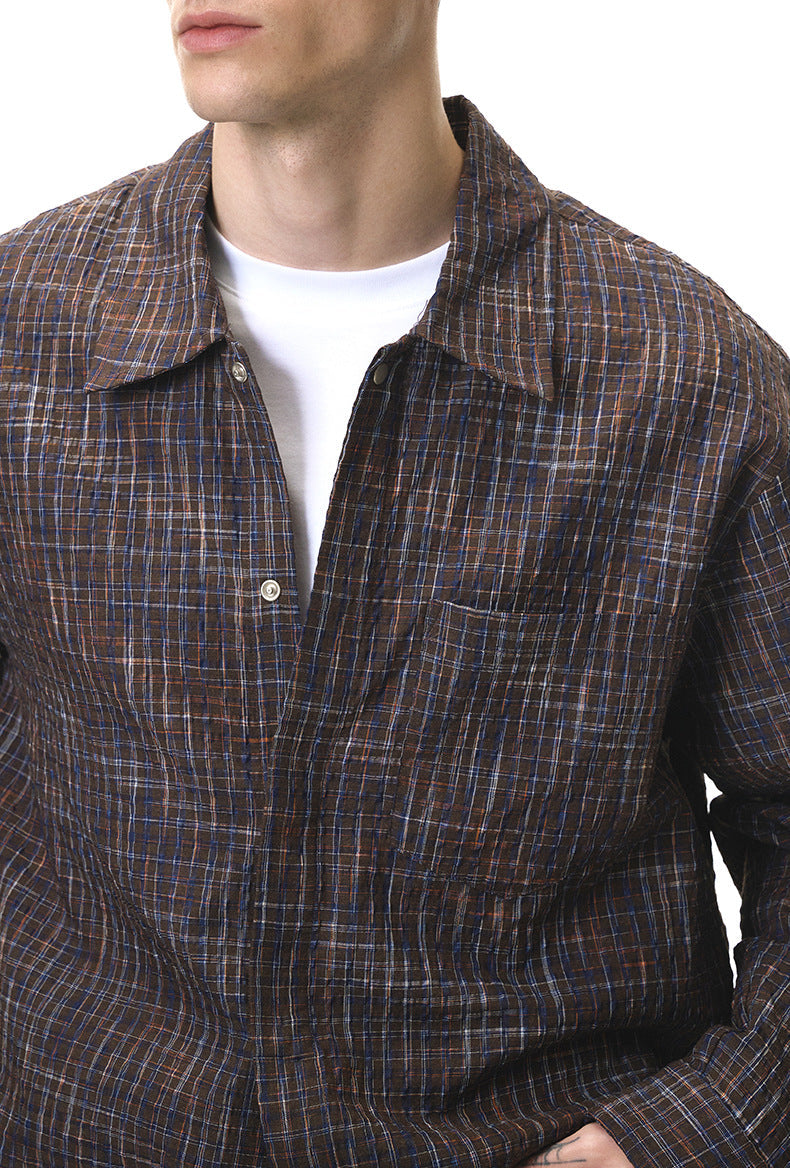 Cardydony Women's Plaid Shirt Oversized Button Up Seersucker Texture Curved Hem – Women's Layer