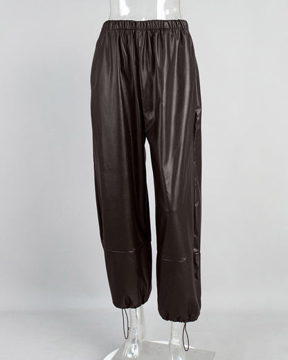 Cardydony Women's PU Leather Women's Pants – Wide Leg Streetwear Drawstring Trousers