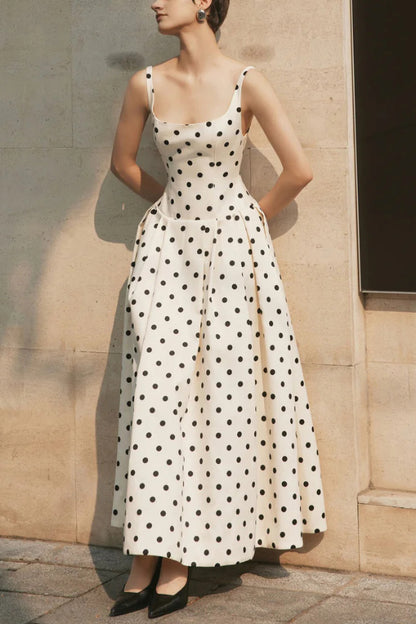 Cardydony Women's Polka Dot Print Square Neck Sleeveless Holiday Maxi Dress