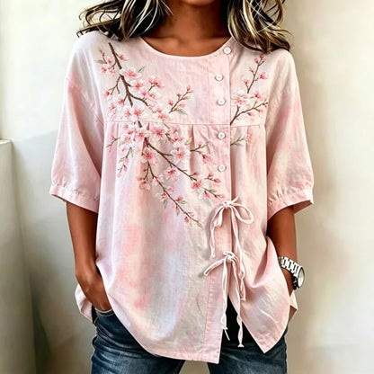 Cardydony Japanese-style Pink Cherry Blossom Embroidered Art Round Neck Tie-waist Shirt