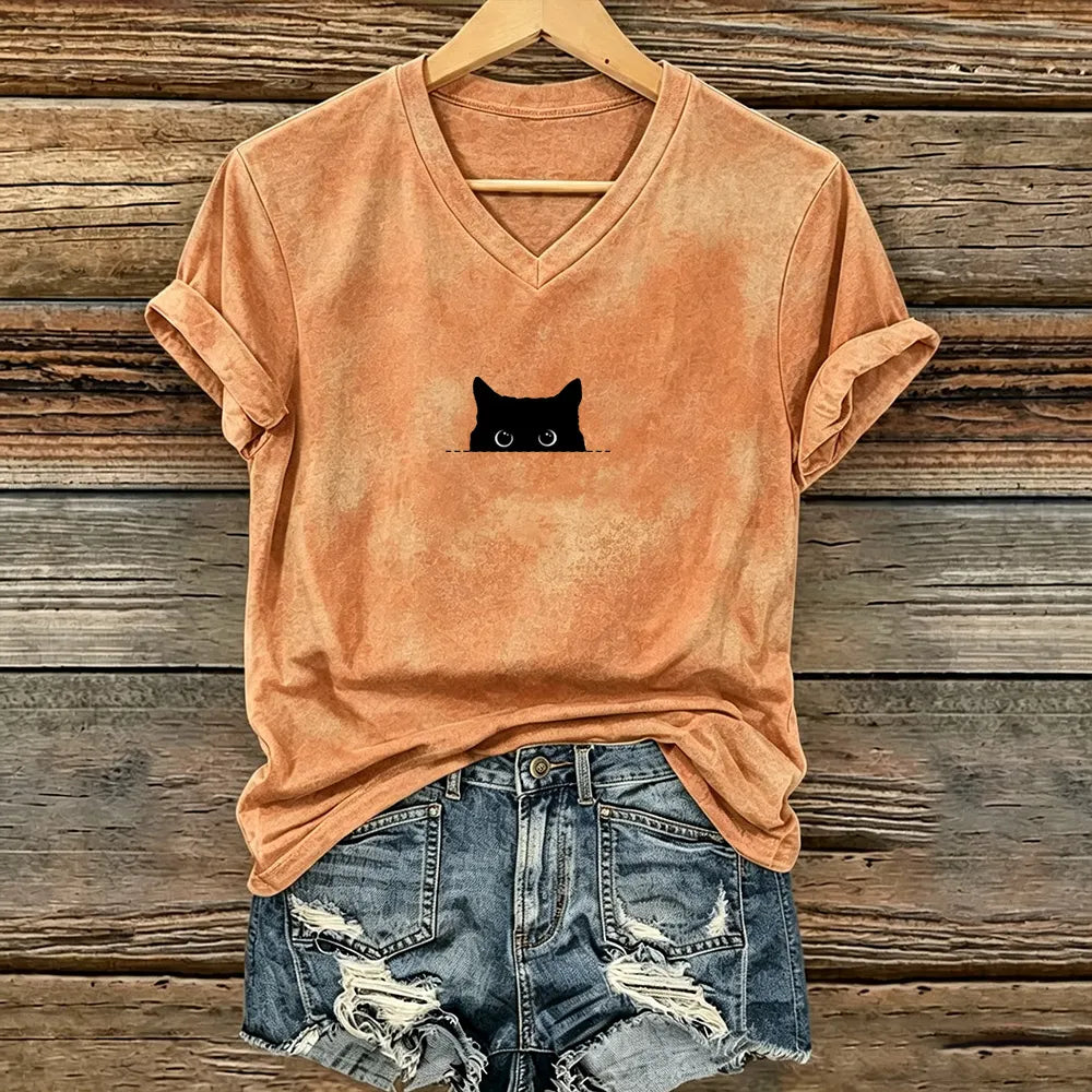 Cardydony Vintage Peeping Black Cat Art Casual V-neck T-shirt