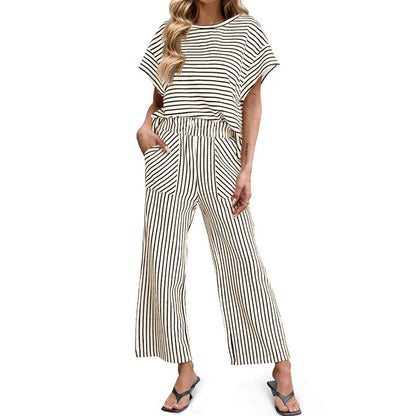 Cardydony Striped Short Sleeve T-shirts Wide Leg Pants Two Piece Set