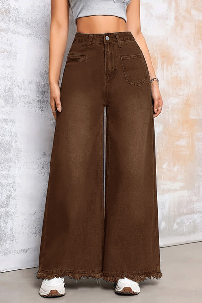 Cardydony Women's Stylish Loose-fitting Frayed Hem Casual Pocket Wide-leg Jeans