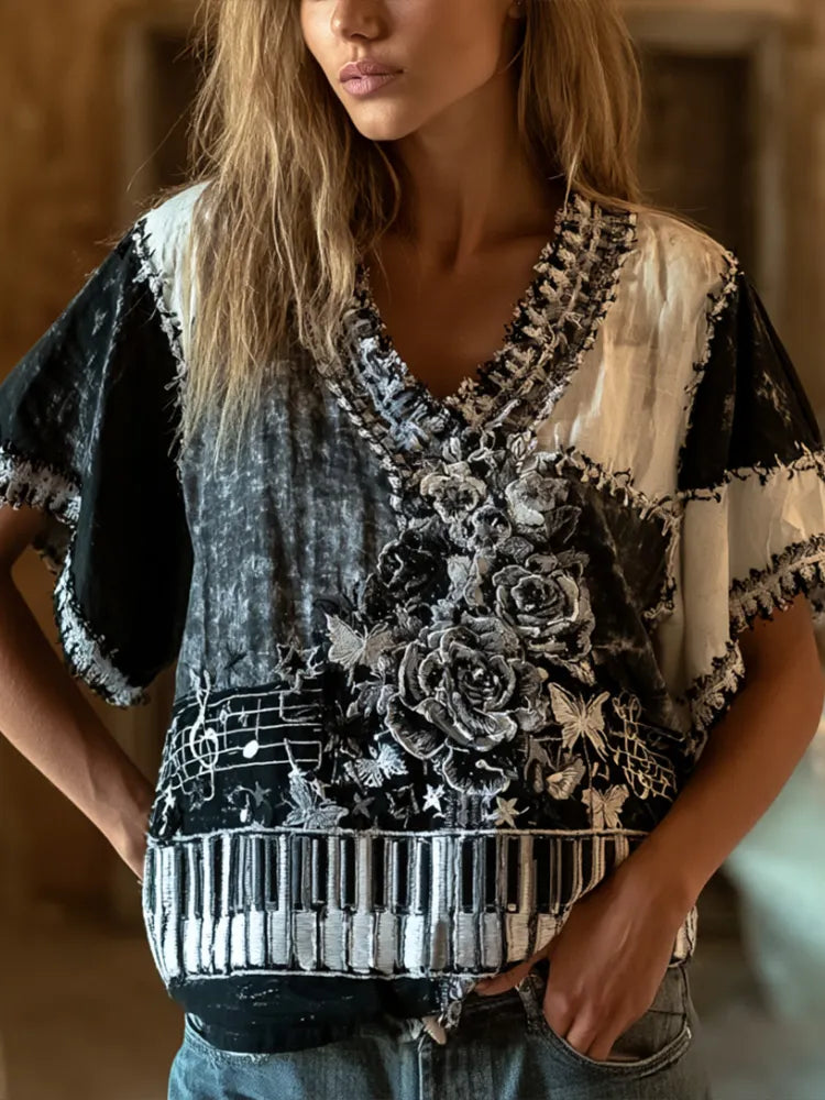 Cardydony Women's Music And Black And White Floral Art Patchwork Cotton Linen Casual V-neck Short-sleeved Top