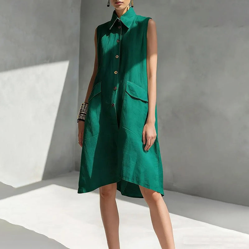 Cardydony Casual Loose-fit Linen Sleeveless Shirt Dress