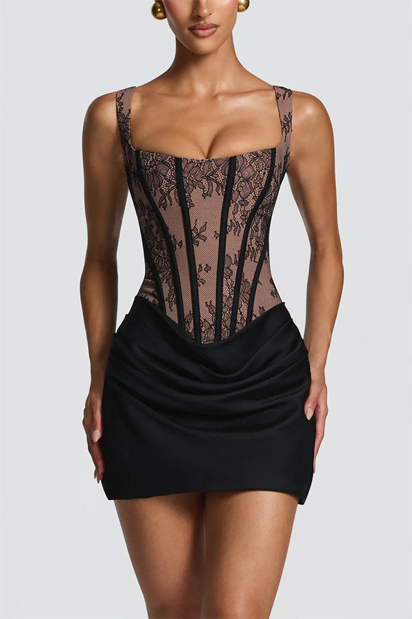 Cardydony Women's Cornelia Floral Lace Contrast Structural Detail Back Lace-up Satin Hem Mini Dress