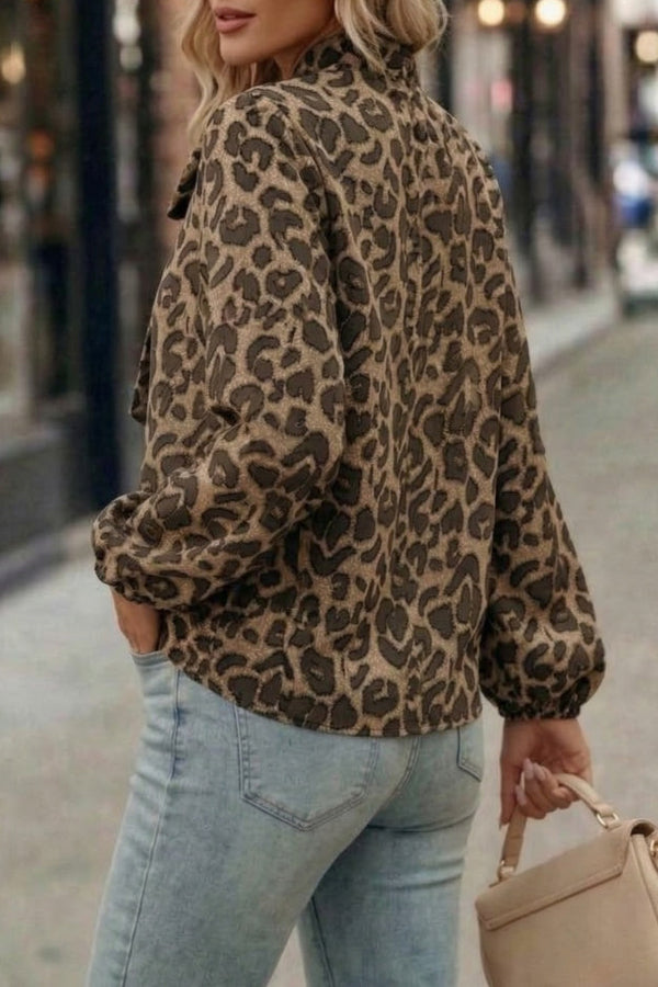 Cardydony Women's  Leopard Print Bow Collar Long-sleeved Loose Shirt