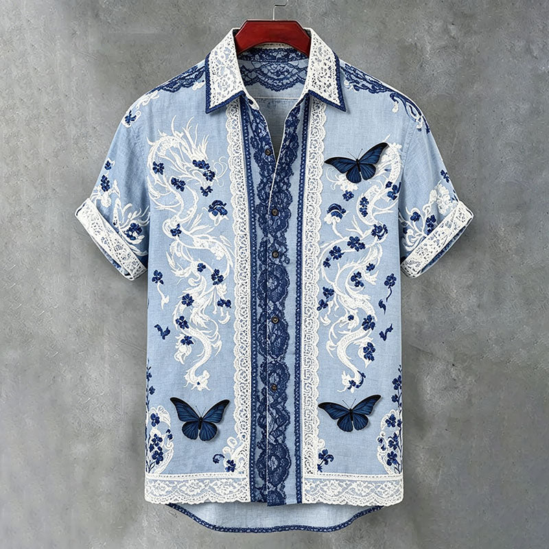Cardydony Men's Floral Dragon Butterfly Lace Cotton Linen Short-sleeve Shirt
