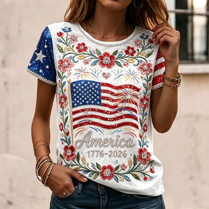 Cardydony Women's Vintage Independence Day Anniversary Flag And Floral Art Print T-shirt