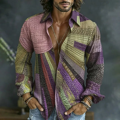 Cardydony Men's Causal Spring Hippie Vibe Colorful Sun Collage Art Print Flowy Linen Blend Shirt