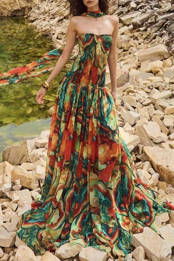 Cardydony Women's Vacay Vibes Colorful Lava Print Off Shoulder Smocked Scarf Maxi Dress