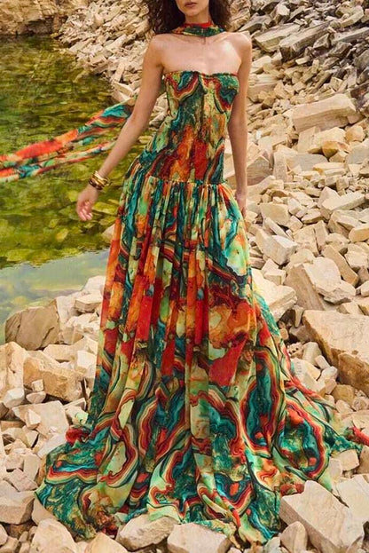 Cardydony Women's Vacay Vibes Colorful Lava Print Off Shoulder Smocked Scarf Maxi Dress