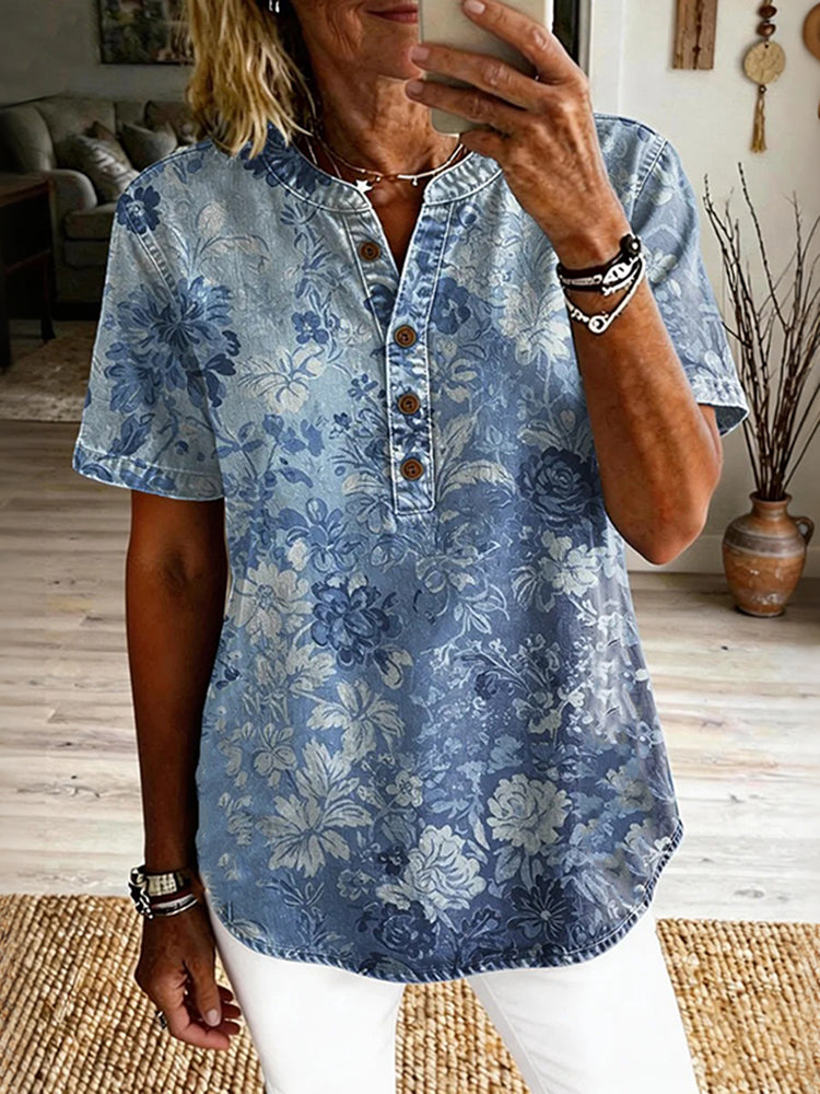 Cardydony Women's Vintage Floral Art Print Casual Short-sleeve Shirt