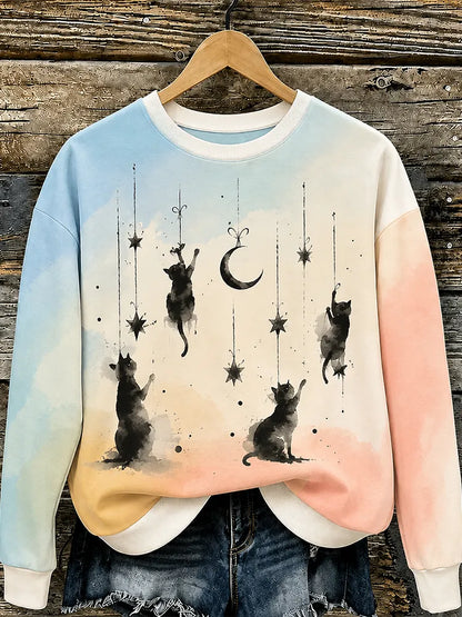 Cardydony Unisex Casual Crewneck Sweatshirt In Gradient Sky Blue And Peach With Watercolor Black Cats And Hanging Stars And Moon Print