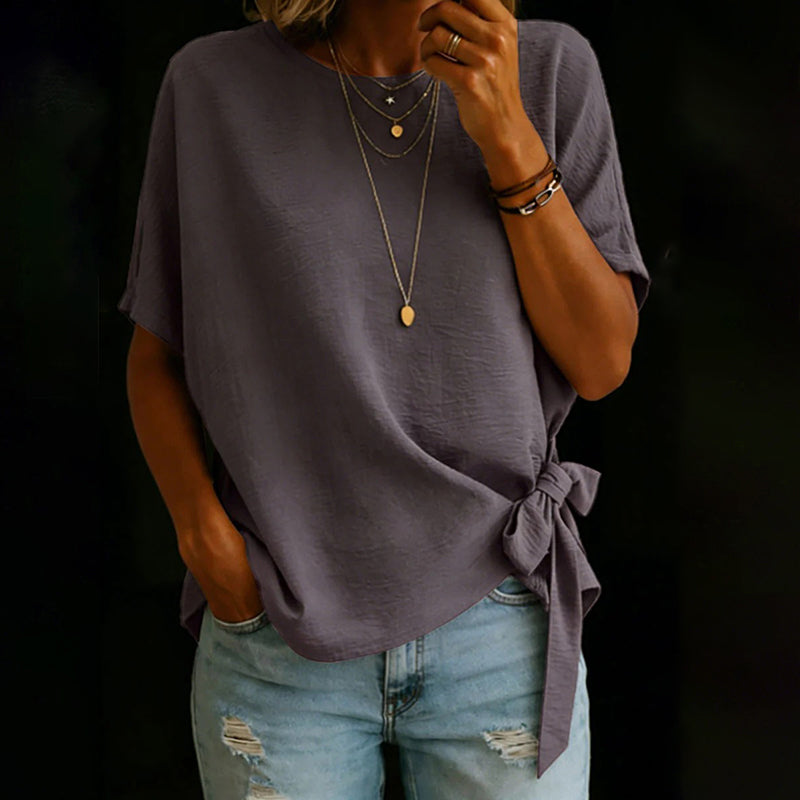 Cardydony Women's Vintage Bow-tie Short Sleeves Round Neck Linen T-shirt