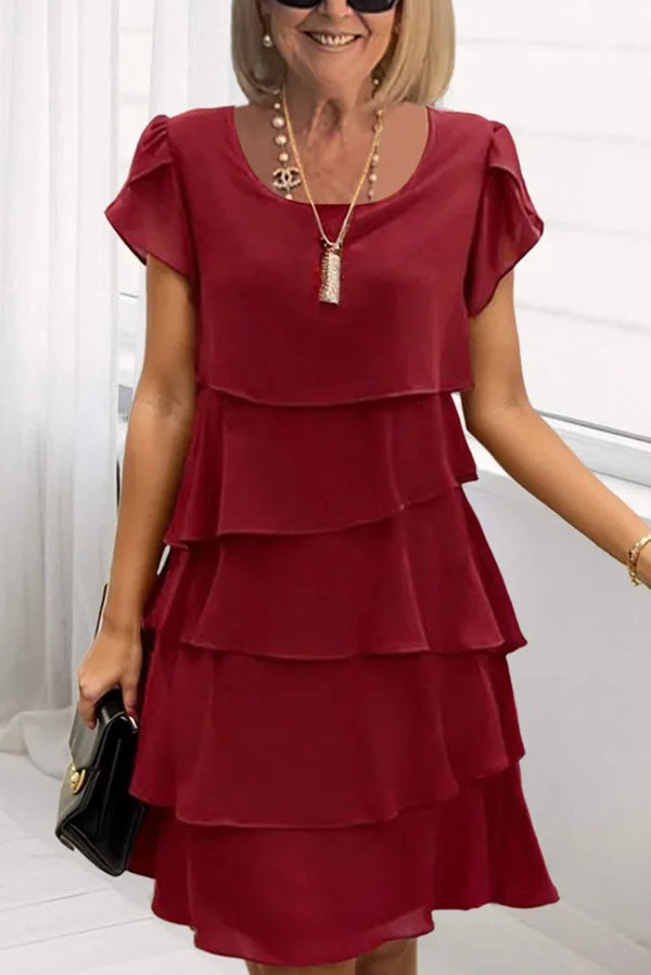 Cardydony Women's Solid Color Round Neck Short Sleeve Casual Multi-Layered Mini Dress