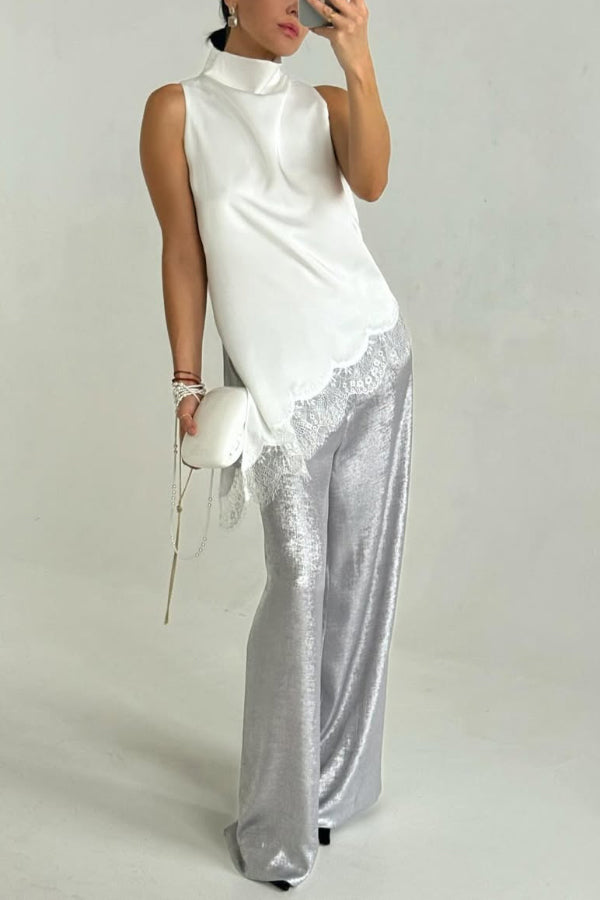Cardydony Women's Solid Color Satin Spliced lace Sleeveless Irregular Casual Top