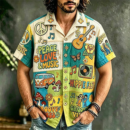 Cardydony Men's Hippie Style Peace Love Music Patchwork Art Print Casual Shirt