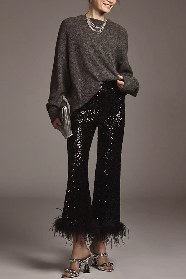 Cardydony Women's New Year Eve Sequin Feather Trim High Rise Back Zipper Flare Pants
