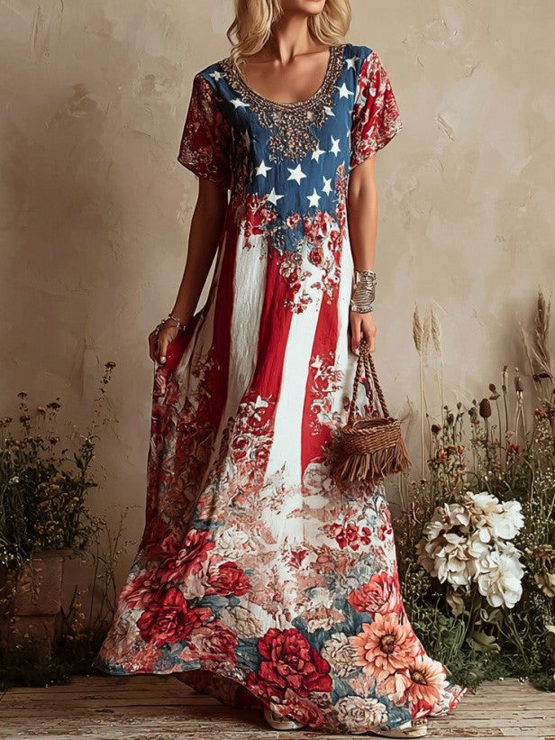 Cardydony Women's American Flag And Floral Print Dress