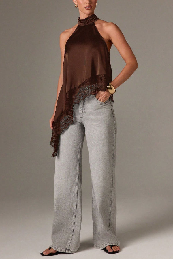 Cardydony Women's Solid Color Satin Sleeveless Lace Hem Loose Top
